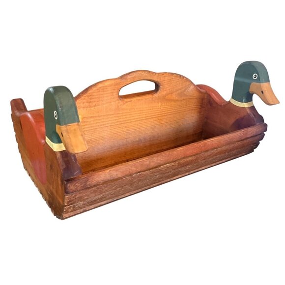 Vtg 18" Wooden Sawmill Critters Mallard Duck Slatted Wood Carry Basket Rustic Co - Picture 3 of 8